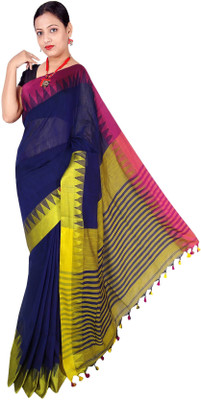 sourav biswas Temple Border, Solid/Plain Handloom Viscose Rayon, Pure Cotton Saree(Blue)
