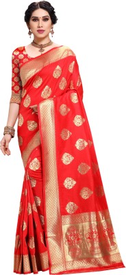 Dhyana Floral Print Banarasi Jacquard Saree(Red)