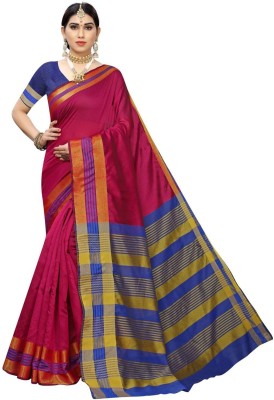 Kimisha Striped Bollywood Cotton Silk Saree(Pink)