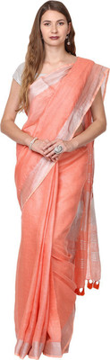 Black Orange Solid/Plain Bhagalpuri Handloom Linen Saree(Orange)