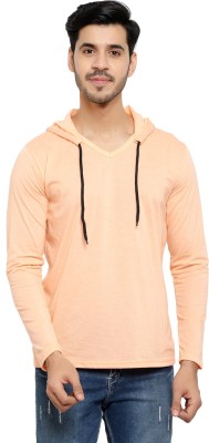 Bribzy Solid Men Hooded Neck Beige T-Shirt