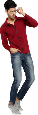 Bribzy Solid Men High Neck Maroon T-Shirt