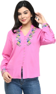 Cwtch Casual Full Sleeve Embroidered, Solid Women Pink Top