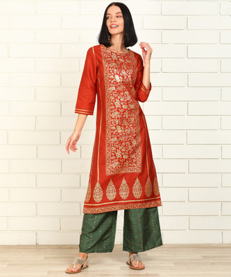 Anmi Floral Print Women Straight Kurta(Orange)