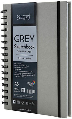 BRuSTRO Toned Paper - Grey Sketchbook, Wiro Bound, Size A5 120GSM (60 Sheets) 120 Pages Sketch Pad(60 Sheets)