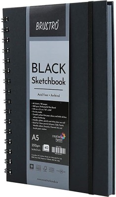 BRuSTRO Black Sketchbook, Wiro Bound, Size A5, 200GSM (40 Sheets) 80 Pages Sketch Pad(40 Sheets)