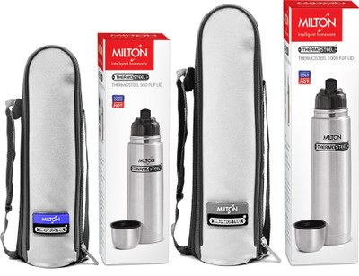 MILTON Vacuum Flasks Thermosteel Flip Lid 1000 ml with Thermosteel Flip Lid 500 ml Combo 1500 ml Flask(Pack of 2, Silver, Steel)