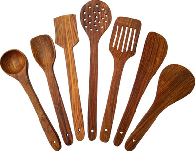 SRE Wooden Cooking And Serving Spoon Set OF 7 Brown Kitchen Tool Set Of 7 (Brown) Kitchen Tool Set  (Brown, Yellow, Spatula) For Rs. 118 @ 66 %