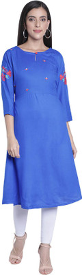 Fabclub Women Embroidered Flared Kurta(Blue)