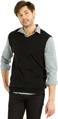 BASE 41 Solid V Neck Casual Men Black Sweater
