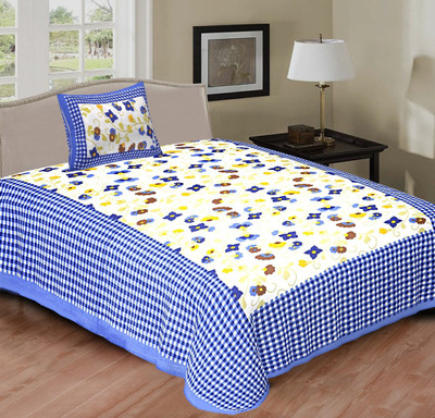 Navkar Creation 144 TC Cotton Single 3D Printed Flat Bedsheet(Pack of 1, White, Blue)