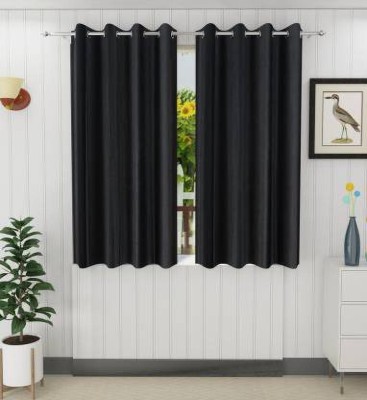 Parda Sansar 153 cm (5 ft) Satin Blackout Window Curtain (Pack Of 2)(Solid, Black)