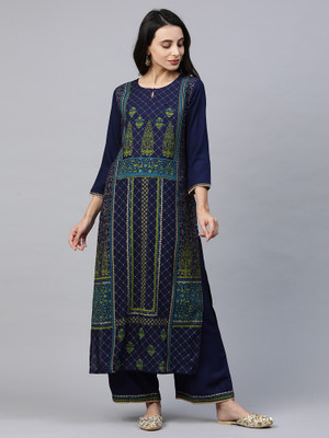 Indo Era Women Printed Straight Kurta(Blue)