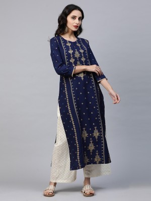 Indo Era Women Printed Straight Kurta(Blue)