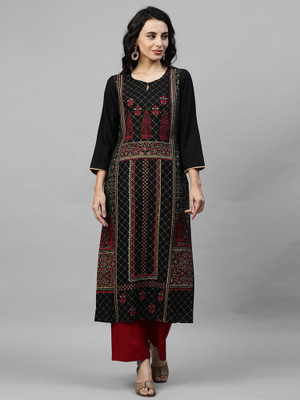 Indo Era Women Printed Straight Kurta(Black)