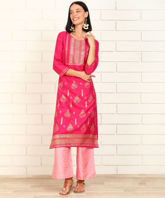 Anmi Floral Print Women Straight Kurta(Pink) Anmi Floral Print Women Straight Kurta(Pink)