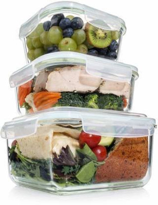 New Radhe airtight Food Storage Container and Lunch Box Set Glass, for Meal preps, Fridge Storage, Dinning Table Serves 3 Containers Lunch Box 3 Containers Lunch Box(1640 ml)