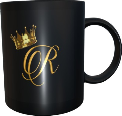 BlueBells Gifting Golden R Letter Printed on Black Ceramic Ceramic Coffee Mug(325 ml)