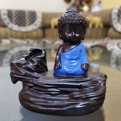 Jiyansh Creation Decorative Showpiece Meditating Baby Monk with Smoke Backflow Cone & 10 Cones Decorative Showpiece  -  12 cm(Polyresin, Black)
