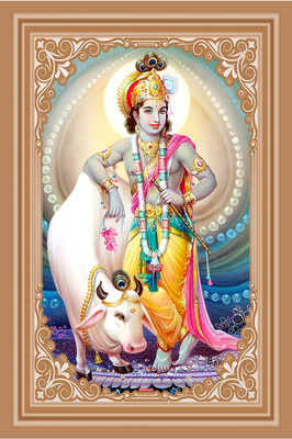zocket 45 cm Krishna Ji With Cow Sparkle Lamination Sticker Self Adhesive Sticker(Pack of 1)