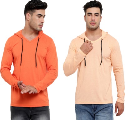 Jaskart Solid Men Hooded Neck Pink, Orange T-Shirt