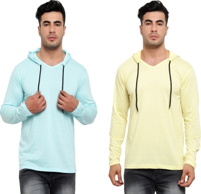 Jaskart Solid Men Hooded Neck Light Blue, Yellow T-Shirt