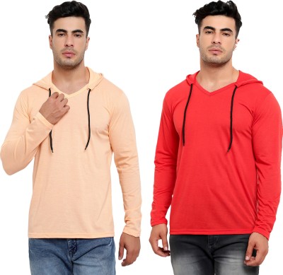 Jaskart Solid Men Hooded Neck Red, Pink T-Shirt