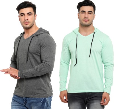 Jaskart Solid Men Hooded Neck Grey, Light Green T-Shirt