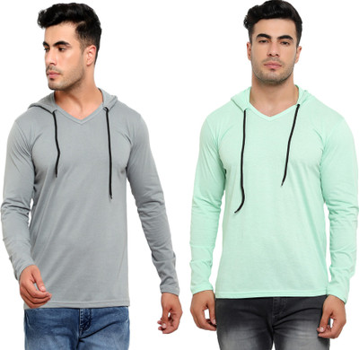 Jaskart Solid Men Hooded Neck Grey, Light Green T-Shirt