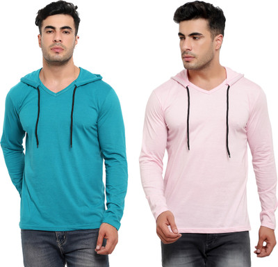 Jaskart Solid Men Hooded Neck Blue, Pink T-Shirt
