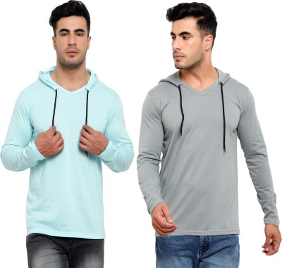 Jaskart Solid Men Hooded Neck Light Blue, Grey T-Shirt