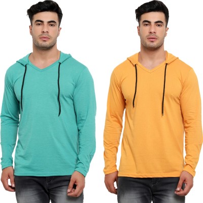 Jaskart Solid Men Hooded Neck Light Blue, Yellow T-Shirt