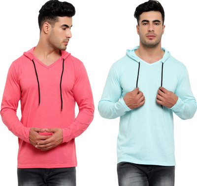 Jaskart Solid Men Hooded Neck Blue, Pink T-Shirt