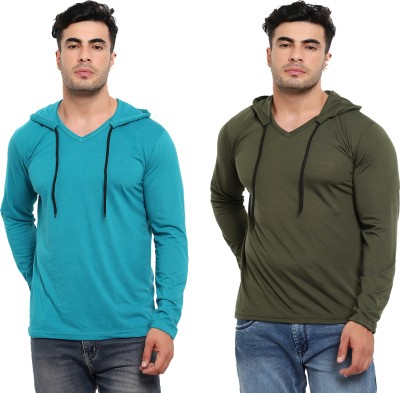 Jaskart Solid Men Hooded Neck Dark Green, Green T-Shirt