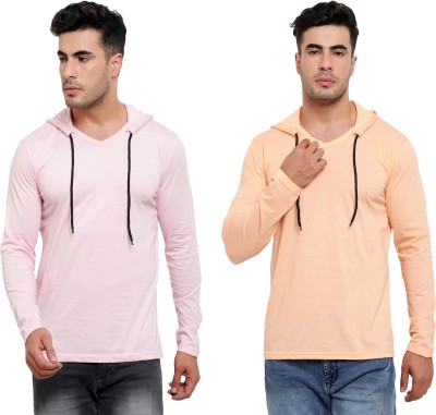 Jaskart Solid Men Hooded Neck Pink, Orange T-Shirt