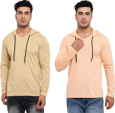 Jaskart Solid Men Hooded Neck Pink, Beige T-Shirt