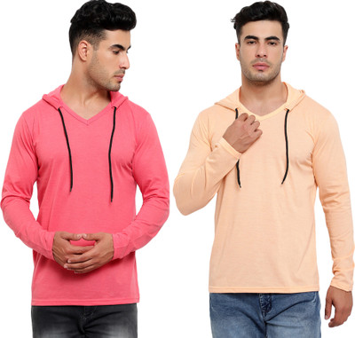 Jaskart Solid Men Hooded Neck Pink, Beige T-Shirt