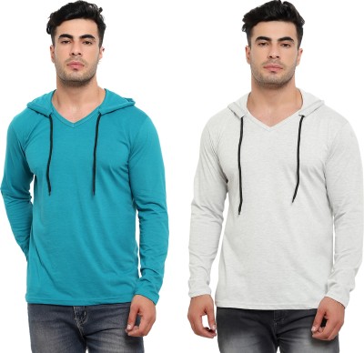 Jaskart Solid Men Hooded Neck Green, Grey T-Shirt