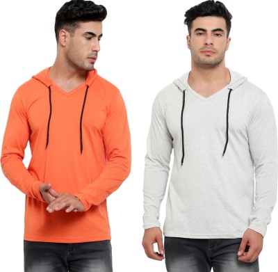 Jaskart Solid Men Hooded Neck Orange, Grey T-Shirt