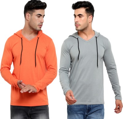 Jaskart Solid Men Hooded Neck Orange, Grey T-Shirt