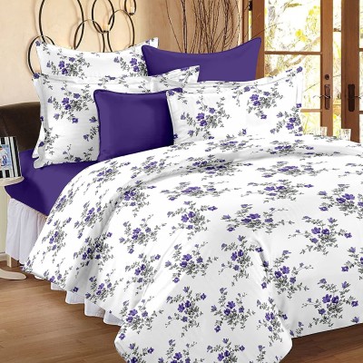 Huesland 144 TC Cotton King Floral Flat Bedsheet(Pack of 1, White and Purple)