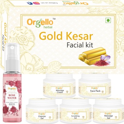 orgello Herbal Facial Kit combo with Rose Water- Gold Kesar Facial Kit (5 x 50 g) + Rose Water (1 x 100 ml) for women men boys girls oily normal dry skin(6 Items in the set)