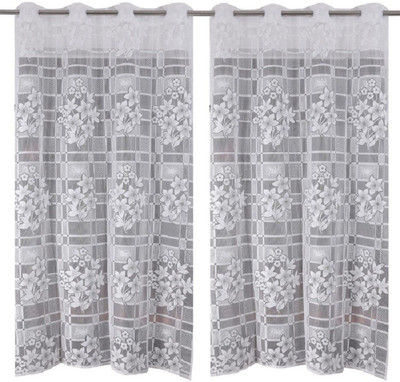 Yuvi Creation 274.32 cm (9 ft) Long Door Net Curtain (Pack Of 2)(White, Floral)