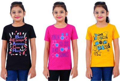 SILVER TEE Girls Printed Pure Cotton Regular T Shirt(Multicolor, Pack of 3)