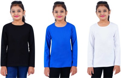 SILVER TEE Girls Solid Pure Cotton Regular T Shirt(Multicolor, Pack of 3)