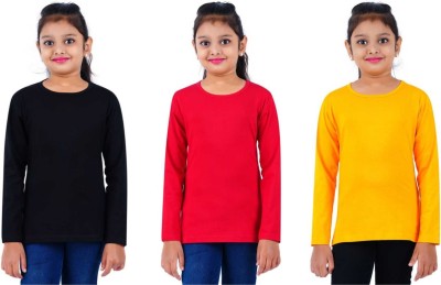 SILVER TEE Girls Solid Pure Cotton Regular T Shirt(Multicolor, Pack of 3)