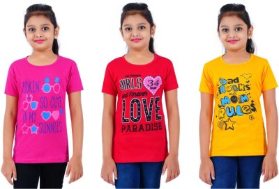 SILVER TEE Girls Printed Pure Cotton Regular T Shirt(Multicolor, Pack of 3)