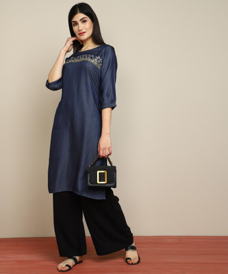 Aurelia Women Embroidered Straight Kurta(Blue)