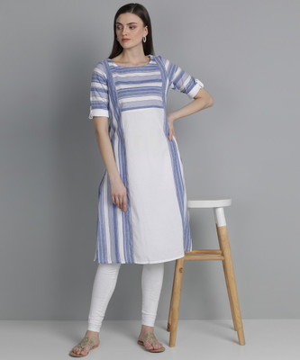 Aurelia Women Striped Straight Kurta(Blue)