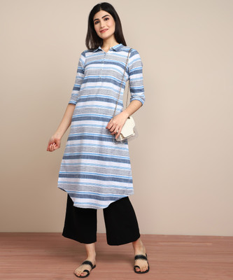 Aurelia Women Striped A-line Kurta(Blue)